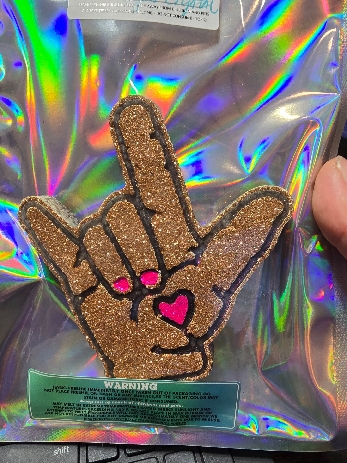 Glittered hand "pink sugar crystal"